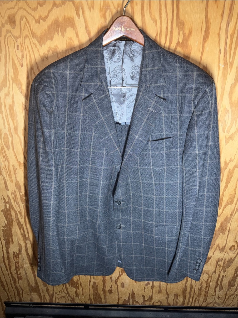 Robert Talbott Gray Plaid Windowpane Blazer Half Lined Wool Mens 46R Sport Coat